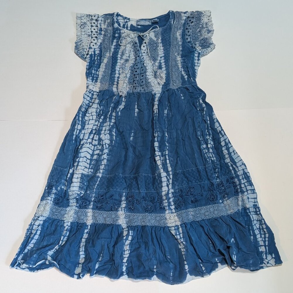 Studio West Blue Tie Die Boho Dress with ruffles, lace & crochet details, Size S